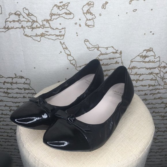 Cole Haan Grand OS Size 6.5 Black Patent Toe Bow Ballet Flats Pointed Toe - Picture 9 of 12